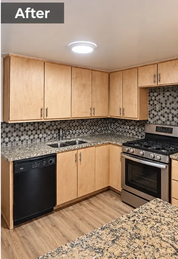 After view — updated kitchen with wood cabinets, stone-look countertops, tiled backsplash, and appliances