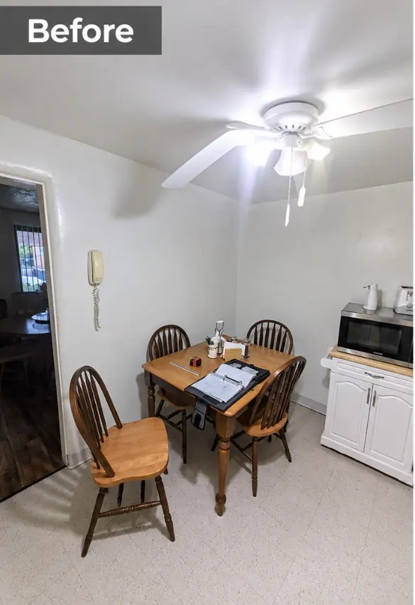 Before view — small dining area with table, chairs, and white walls